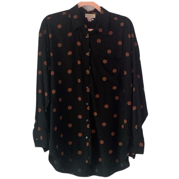 Loft Black with Tan Polka Dots Long Sleeve Collared Blouse Size Small - Picture 1 of 8
